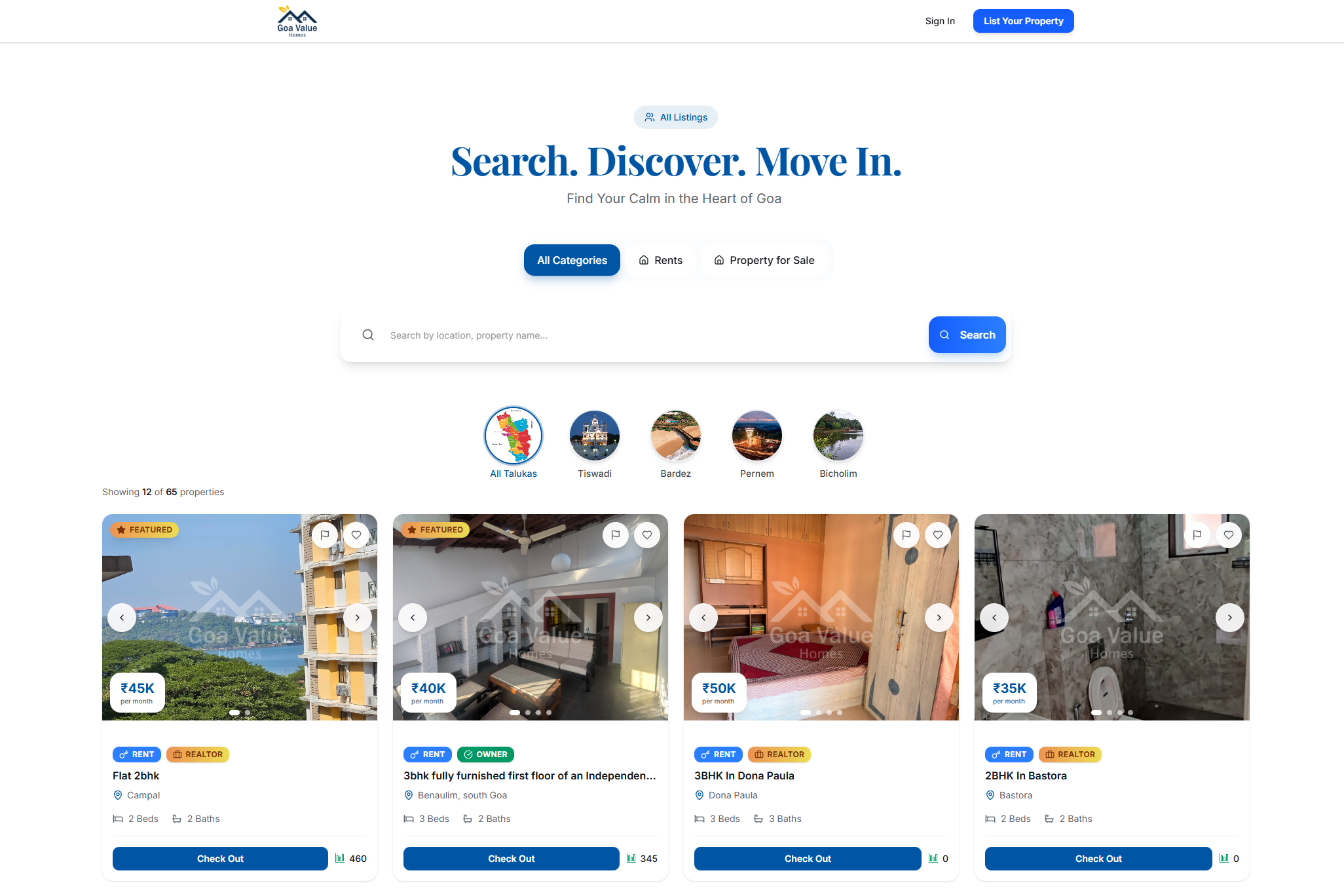 goavaluehomes.in - Goa Real Estate Platform showing property listings, search functionality, and rental homes in Goa